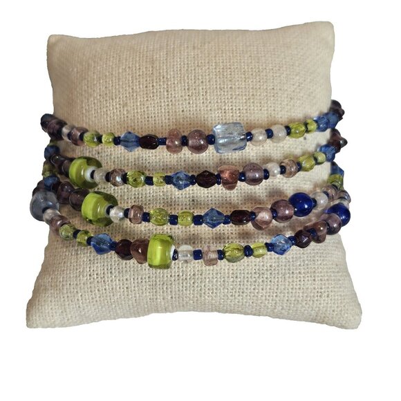 Blue Glass Beaded Memory Coil Bracelet - Picture 1 of 3